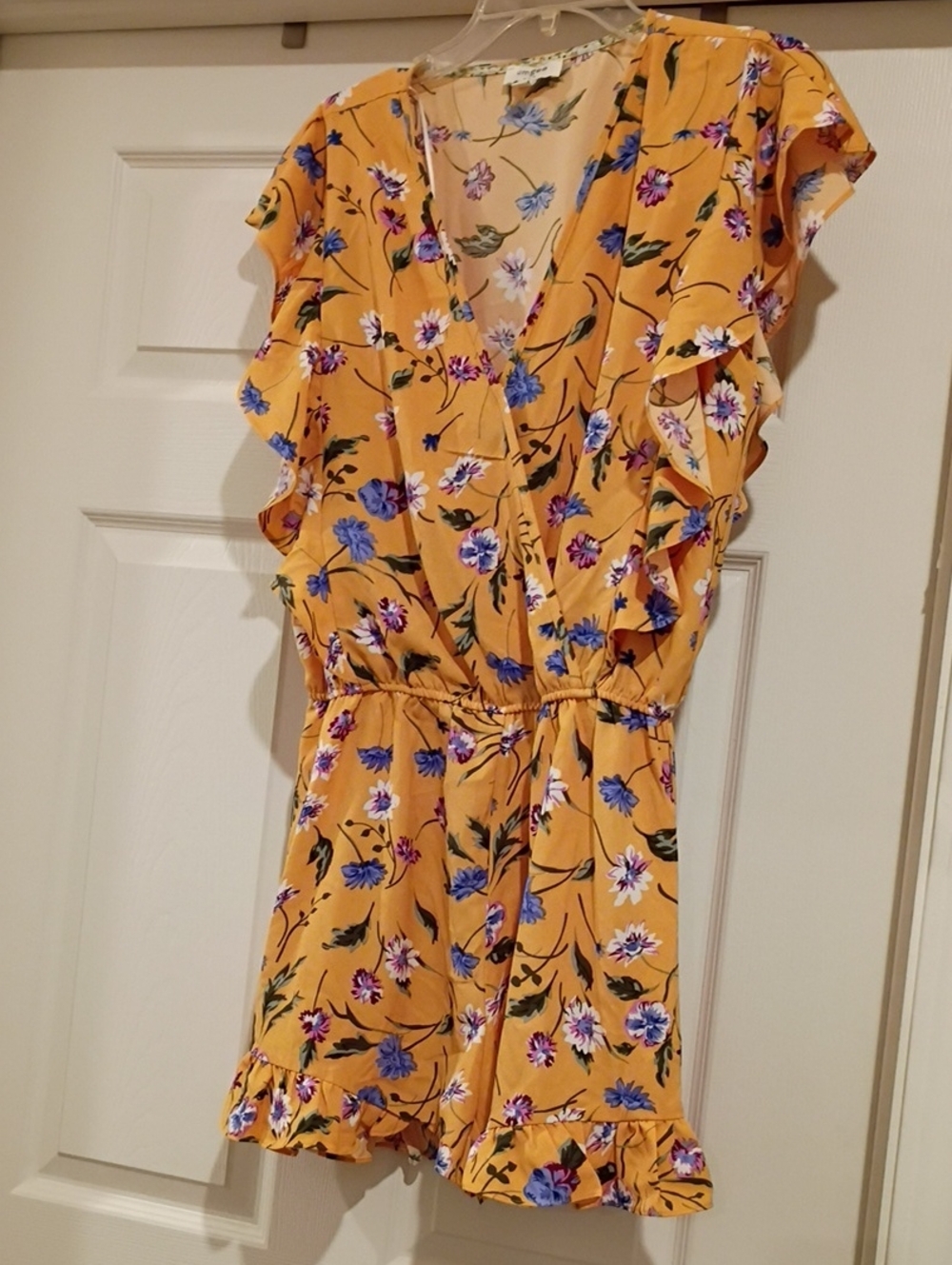 Floral Ruffle Wrap Romper in Mustard